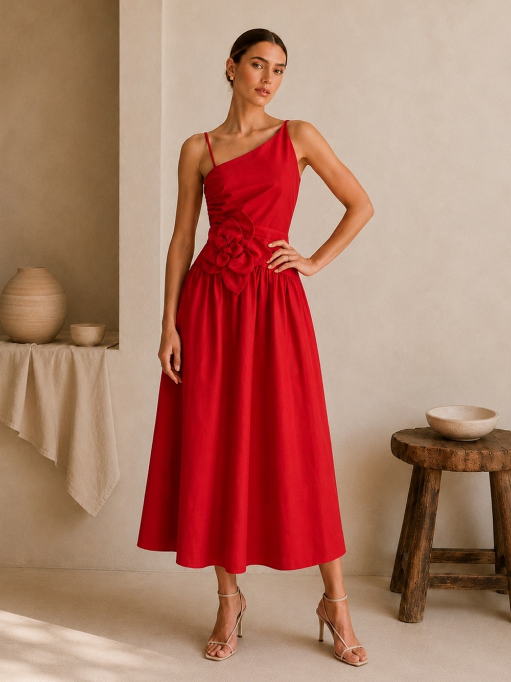 Commense Floral Appliqué One-Shoulder Midi Dress